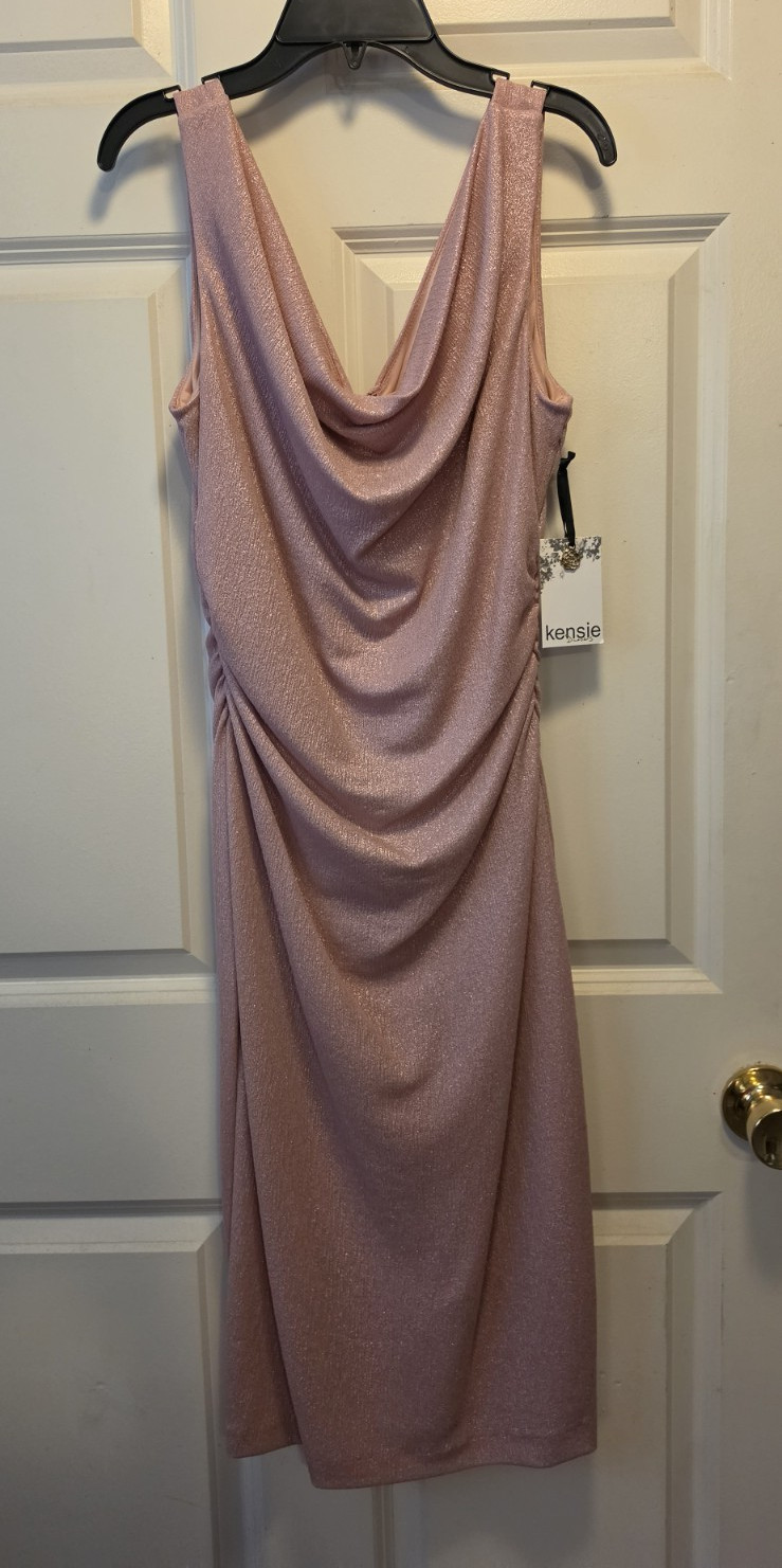 Kensie Pink Shimmer Cowl Neck Ruched Bodycon Midi Dress Sleeveless Size 6