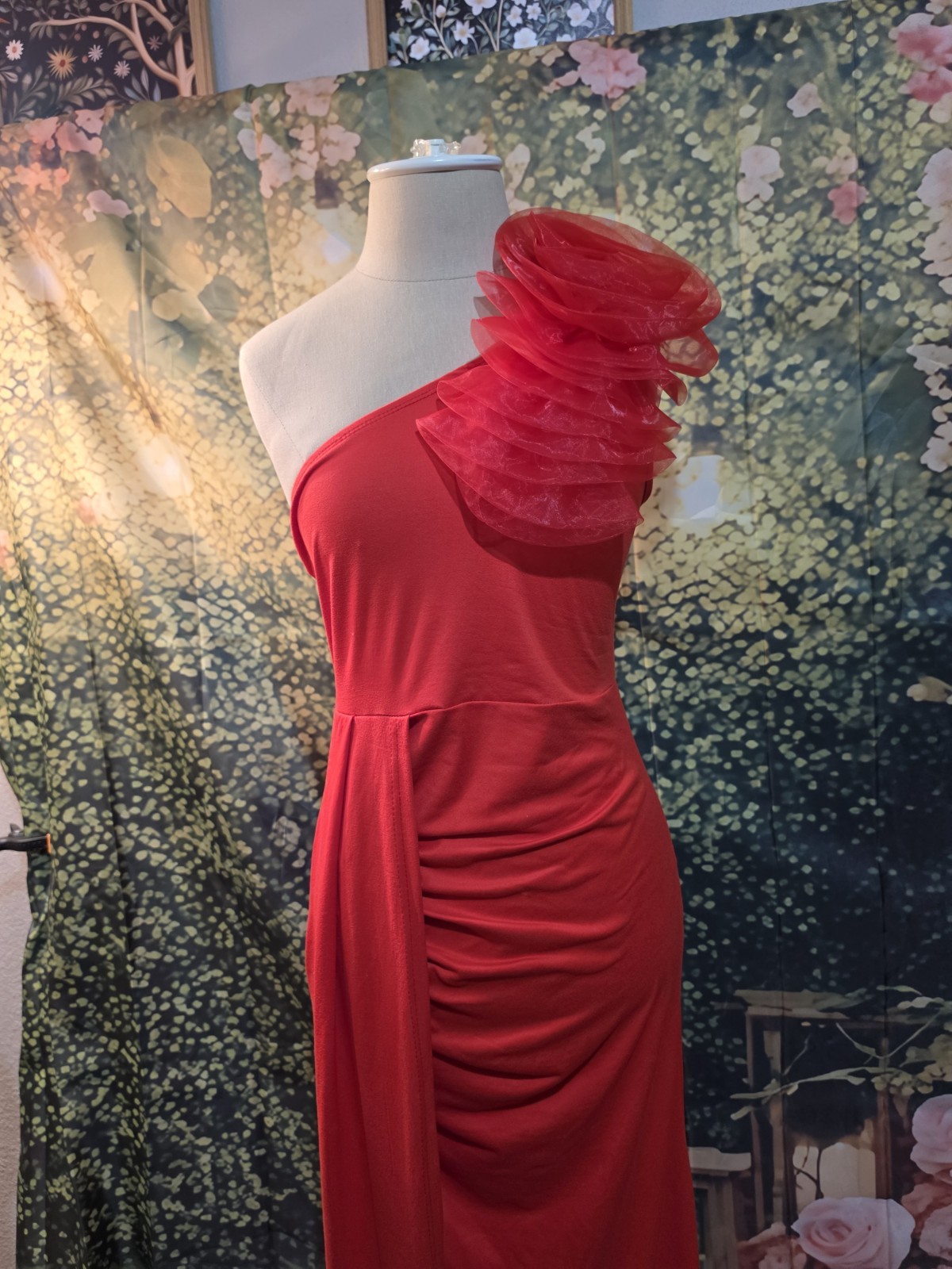 SHEIN Red One Shoulder Ruffle Ruched Chiffon Maxi Dress Women’s Size 4