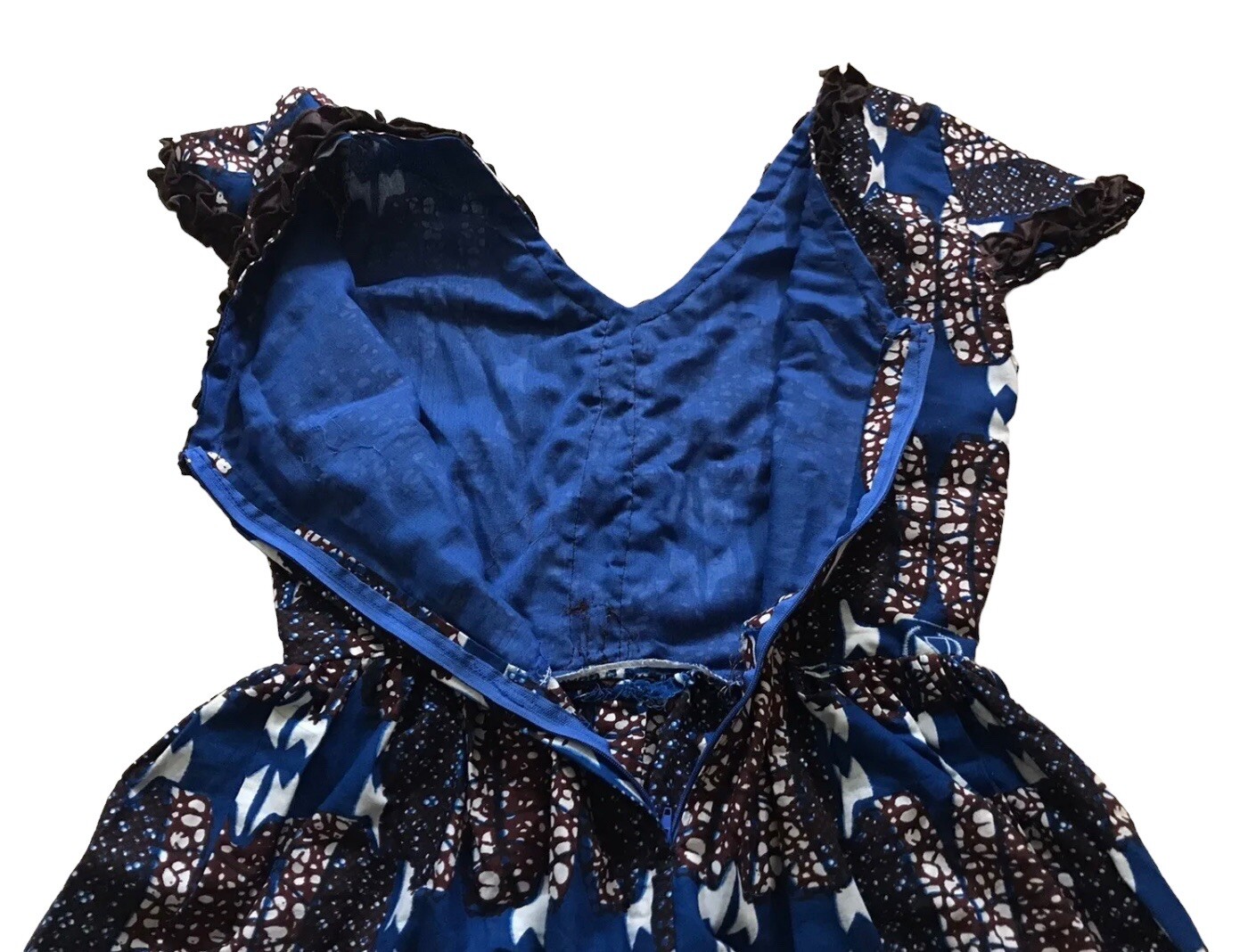 Handmade Dutch Wax Print Short Sleeve Dress Fit and Flare Small S XS Blue Brown