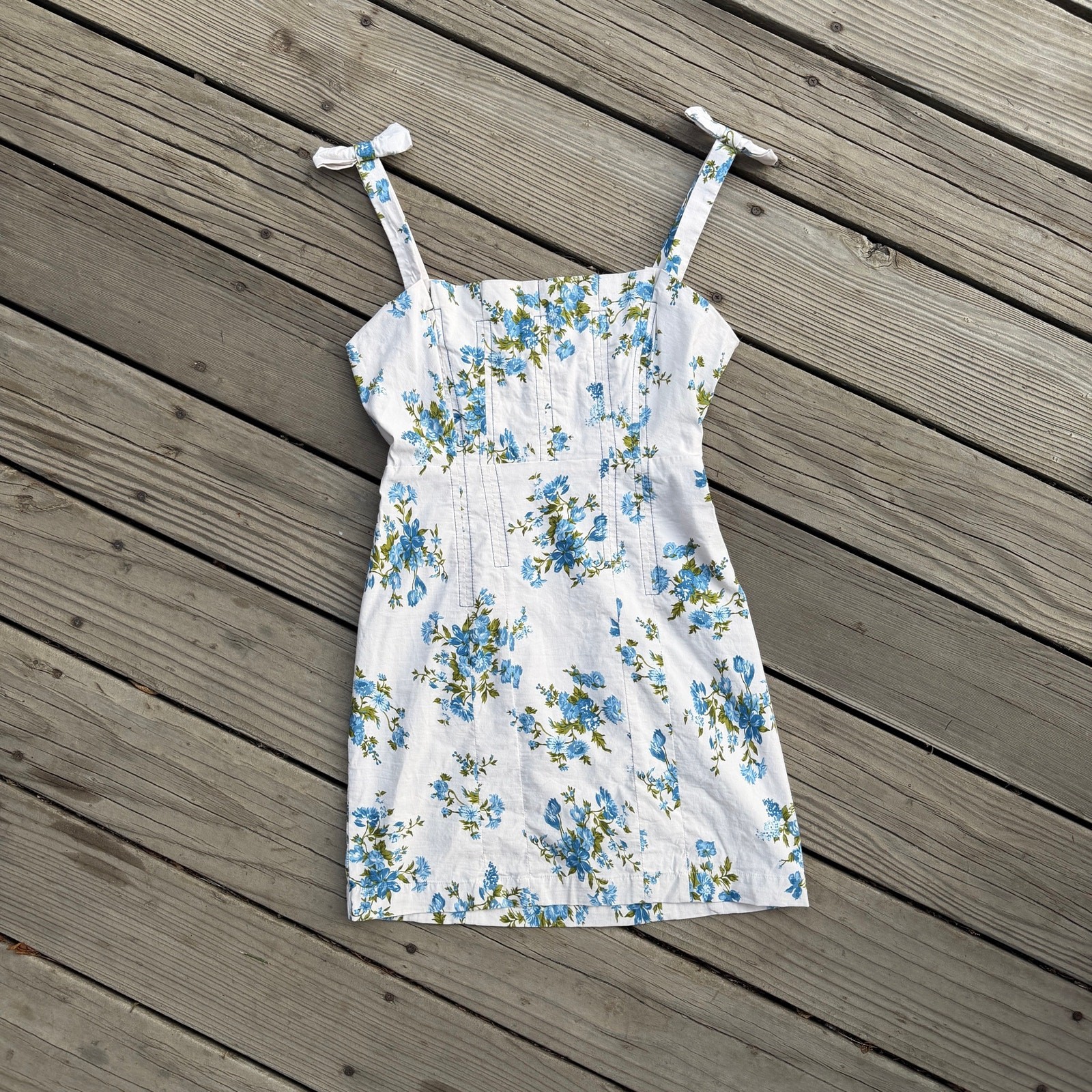 XS Anthropologie Blue Floral Tie Strap Mini Dress Petite Cottagecore