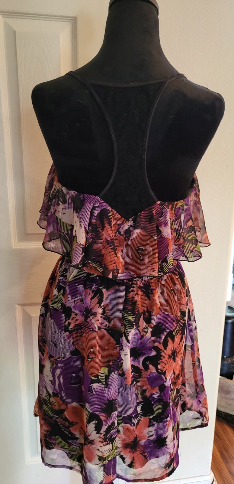 Johnny Martin Purple Orange Floral Chiffon Ruffle Mini Dress V-Neck Strappy S