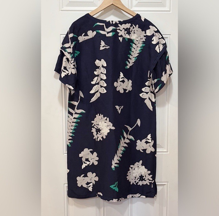 Anthropologie WHIT Silk/Linen Temple Dress in Botanical Print Navy Blue Size L