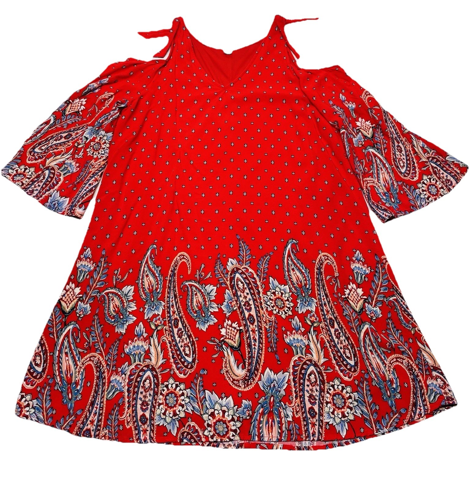 Red Paisley Floral Cold Shoulder Mini Shift Dress Size L Boho Cottagecore Hippie