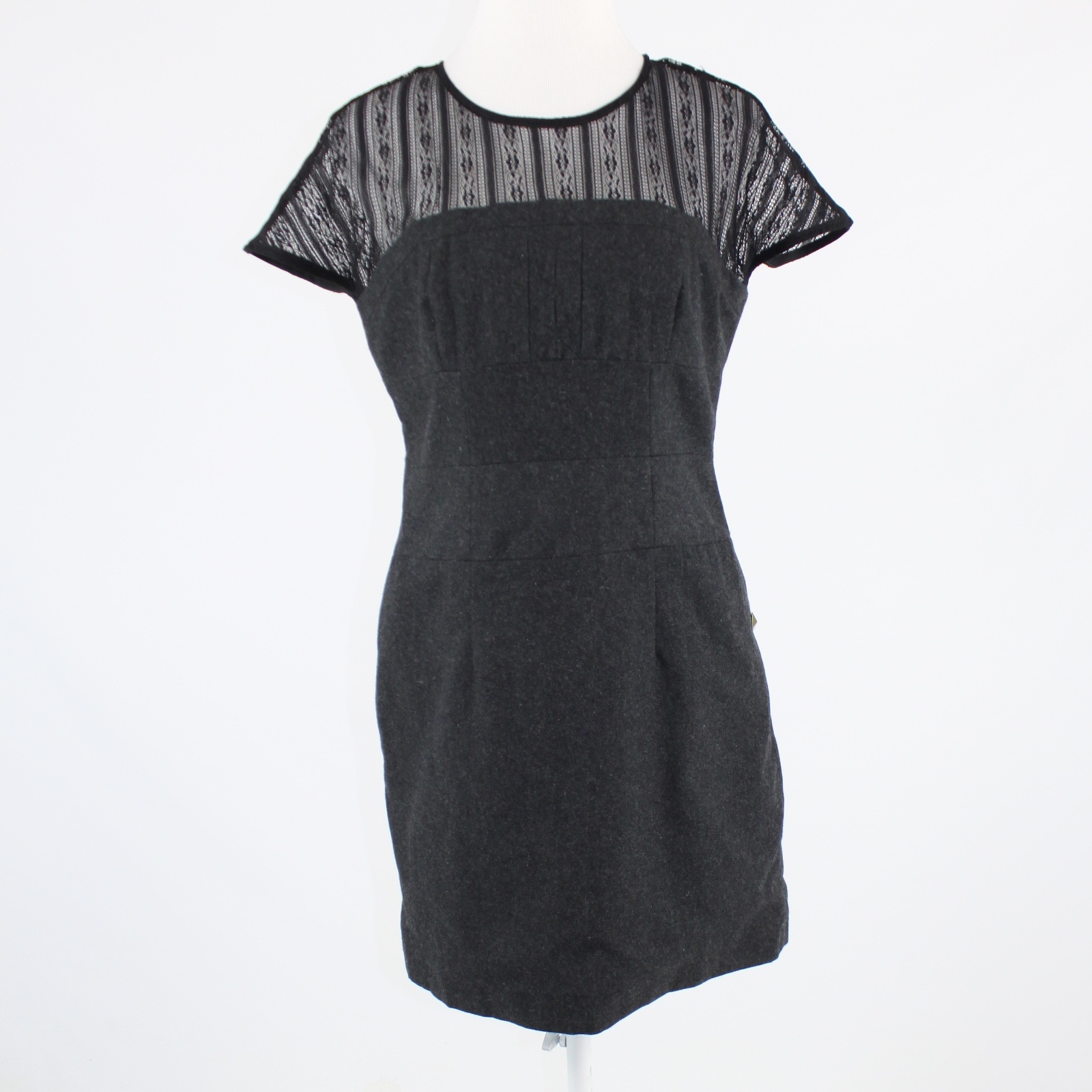 Charcoal gray TULLE black sheer lace neckline cap sleeve sheath dress L