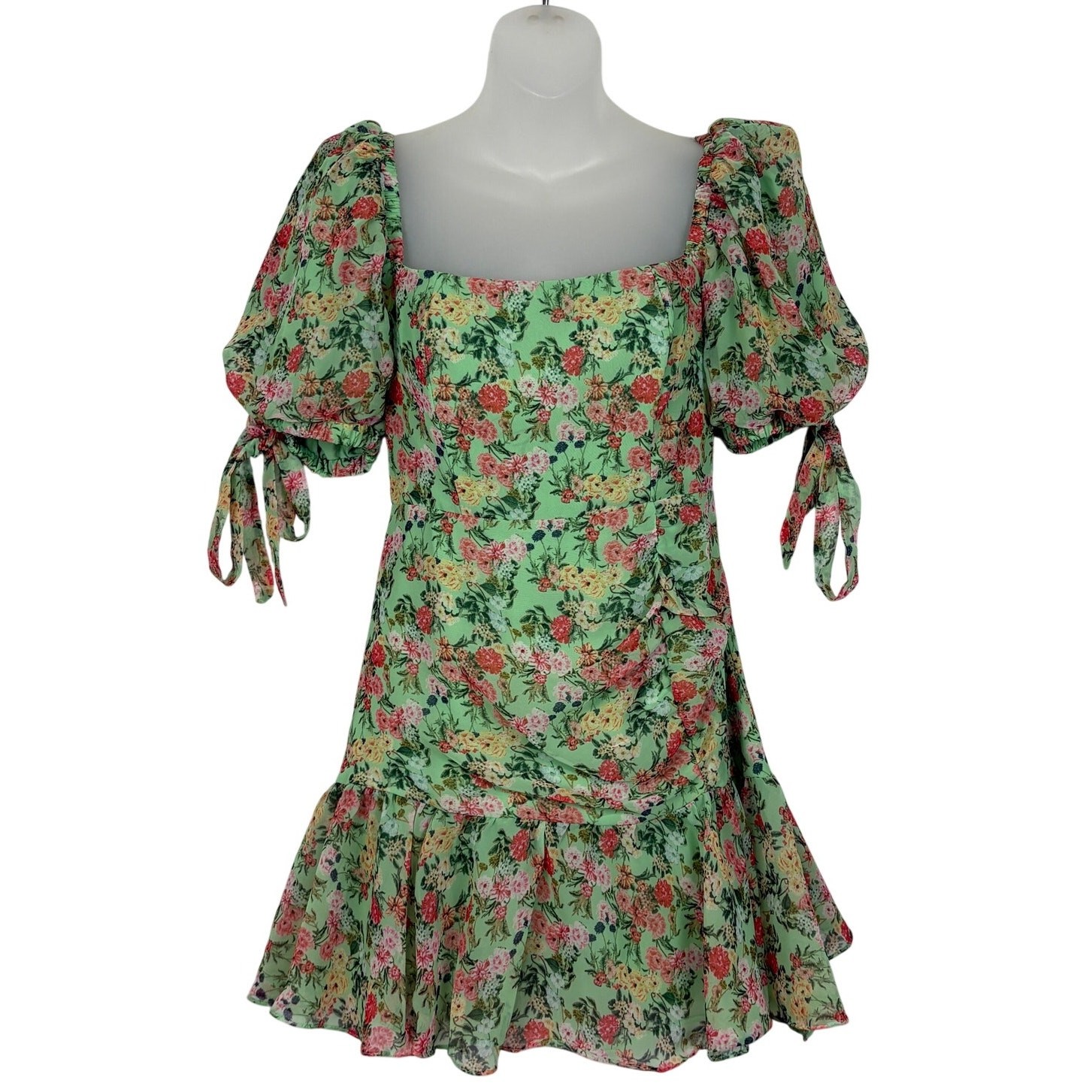 LUXXEL Tie Cuff Puffy Sleeves Ruched Mini Dress in Green Floral Size S NWT $89
