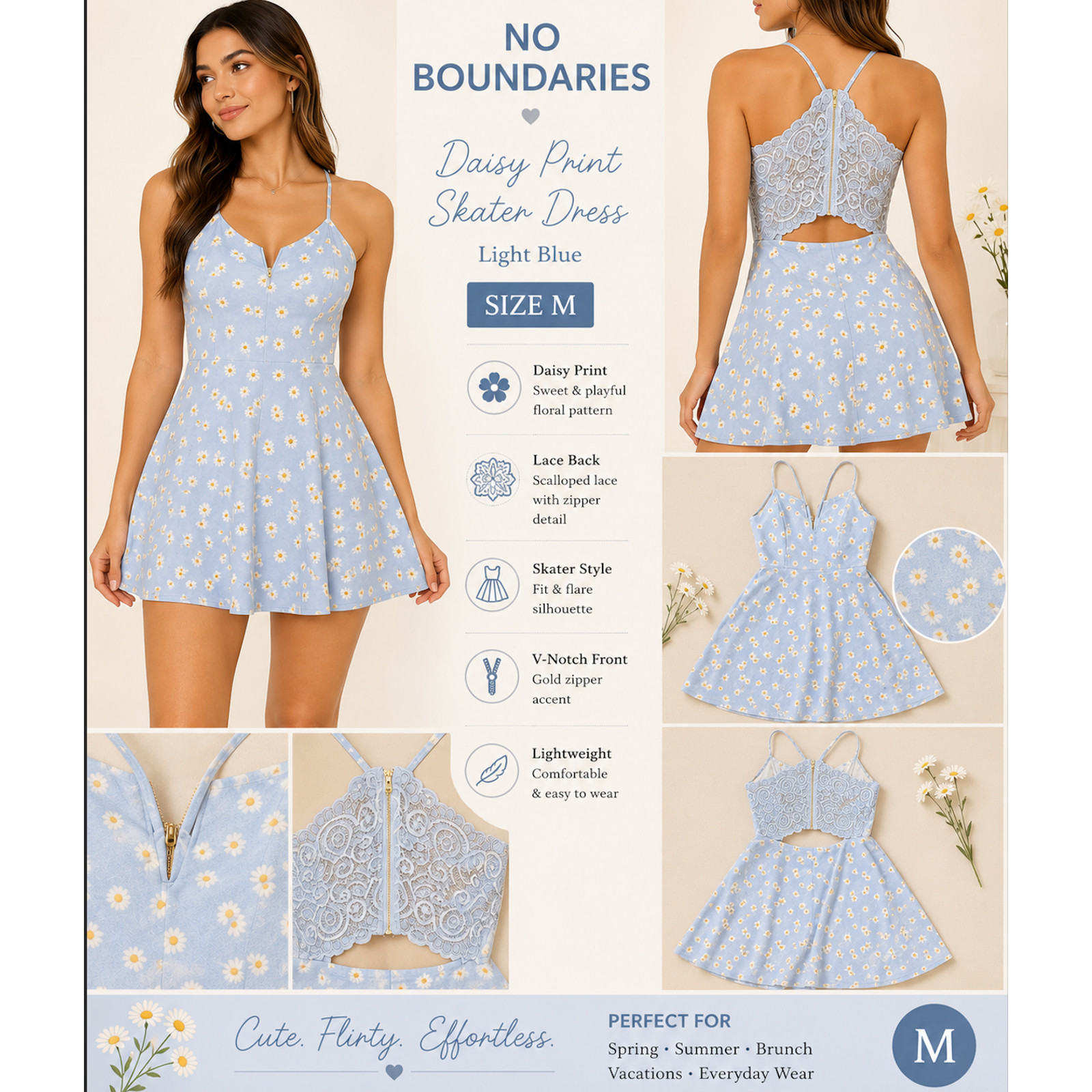 No Boundaries Baby Blue Daisy Print Lace Back Skater Dress Juniors M (7-9)