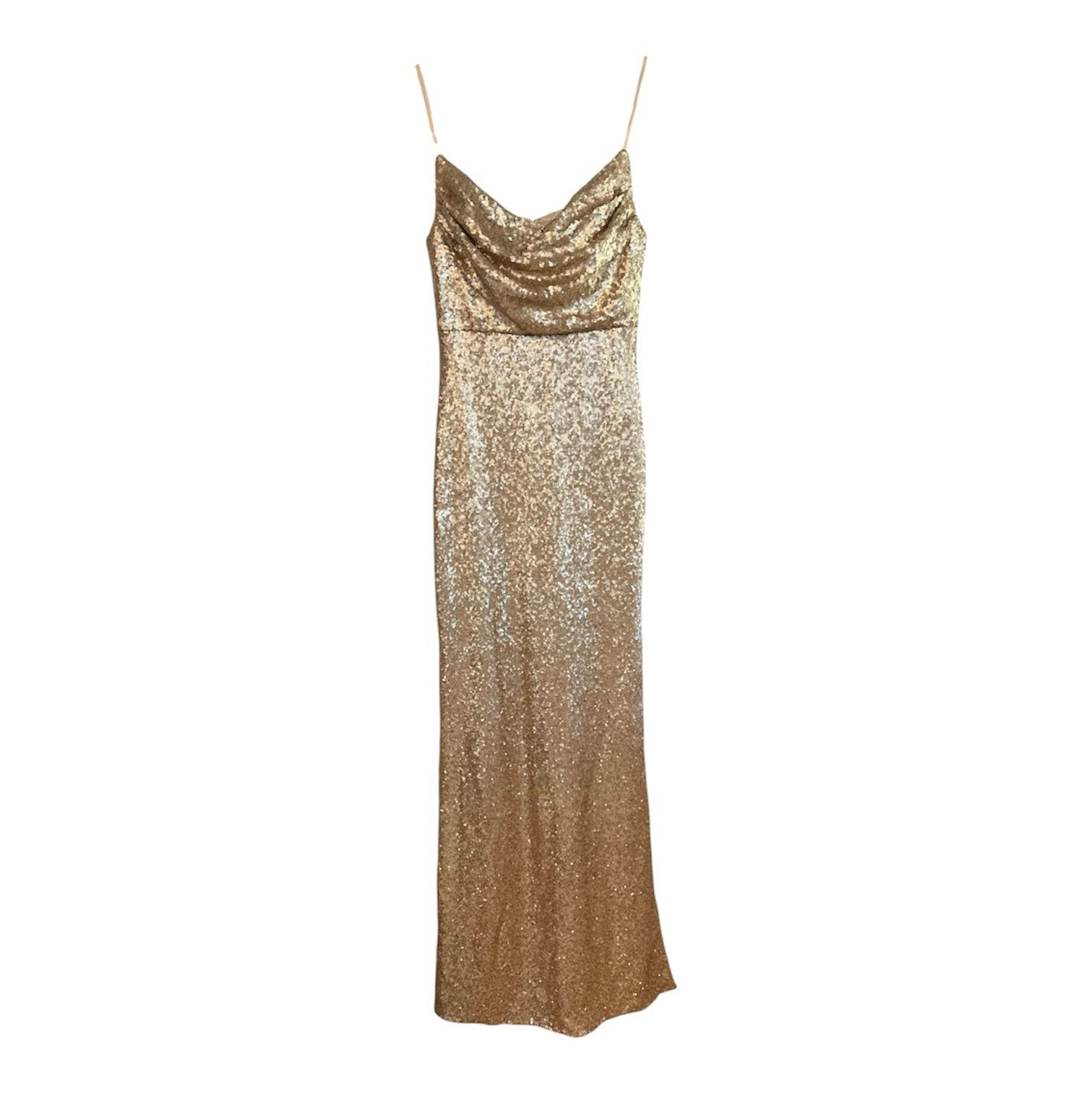 Revelry Size 6 Gold Sequin Cowl Neck Strappy Maxi Dress Lined Side Slit 0009