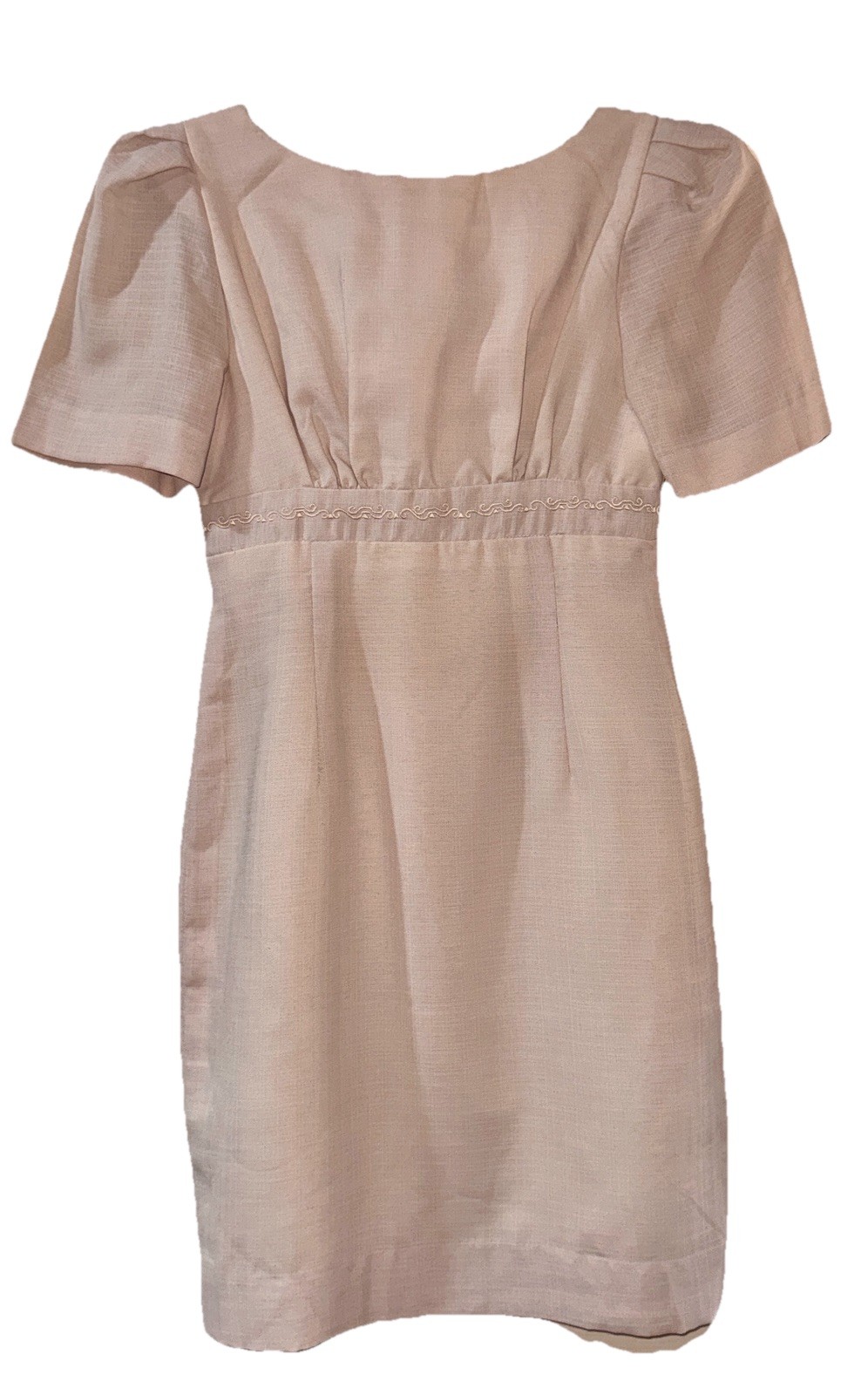 Vintage Hand Made Beige Emrbroidered Short Sleeves Sheath Dress size PS