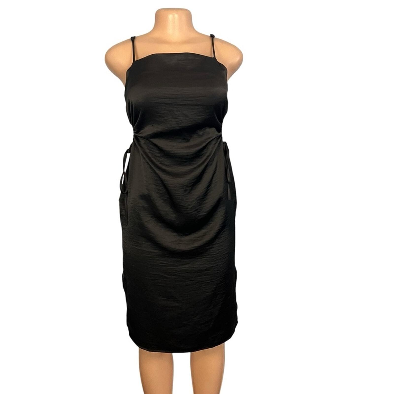 House of Harlow 1960 Solid Black Open Drawstring Sides Satin Mini Dress