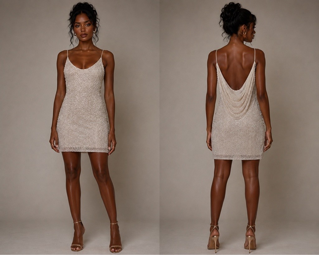 Women’s retrofête Mini Dress S White Silver Sequin Cowl Back