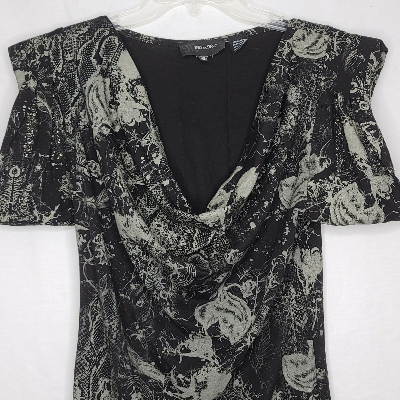 Miss Me Medium Black White Patterned Cowl Neck Short Sleeve Dress