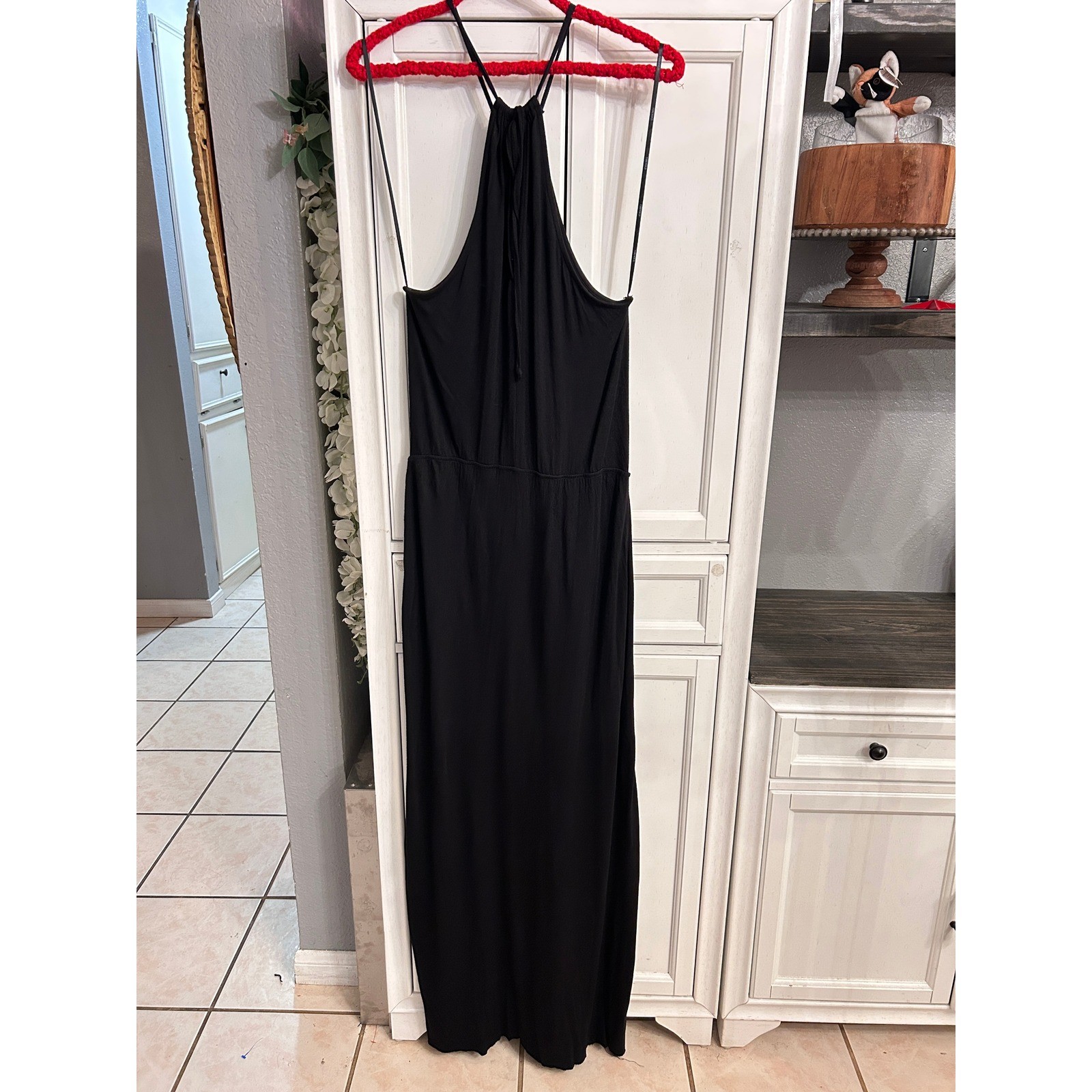 Black Halter Maxi Dress High Slit Elastic Waist Stretchy LARGE Summer Vacation