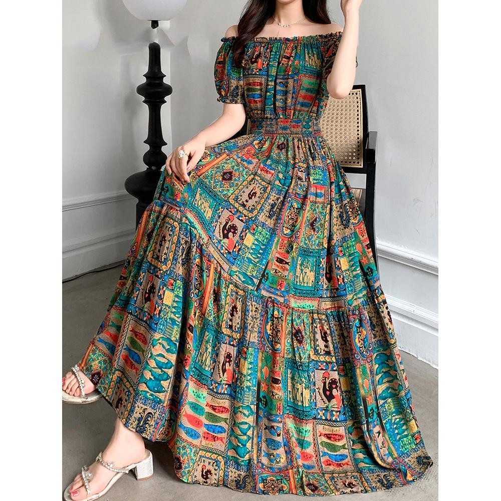 Ladies Bohemian Elegant Swing Maxi Dress Elastic Waist Comfort All Figures