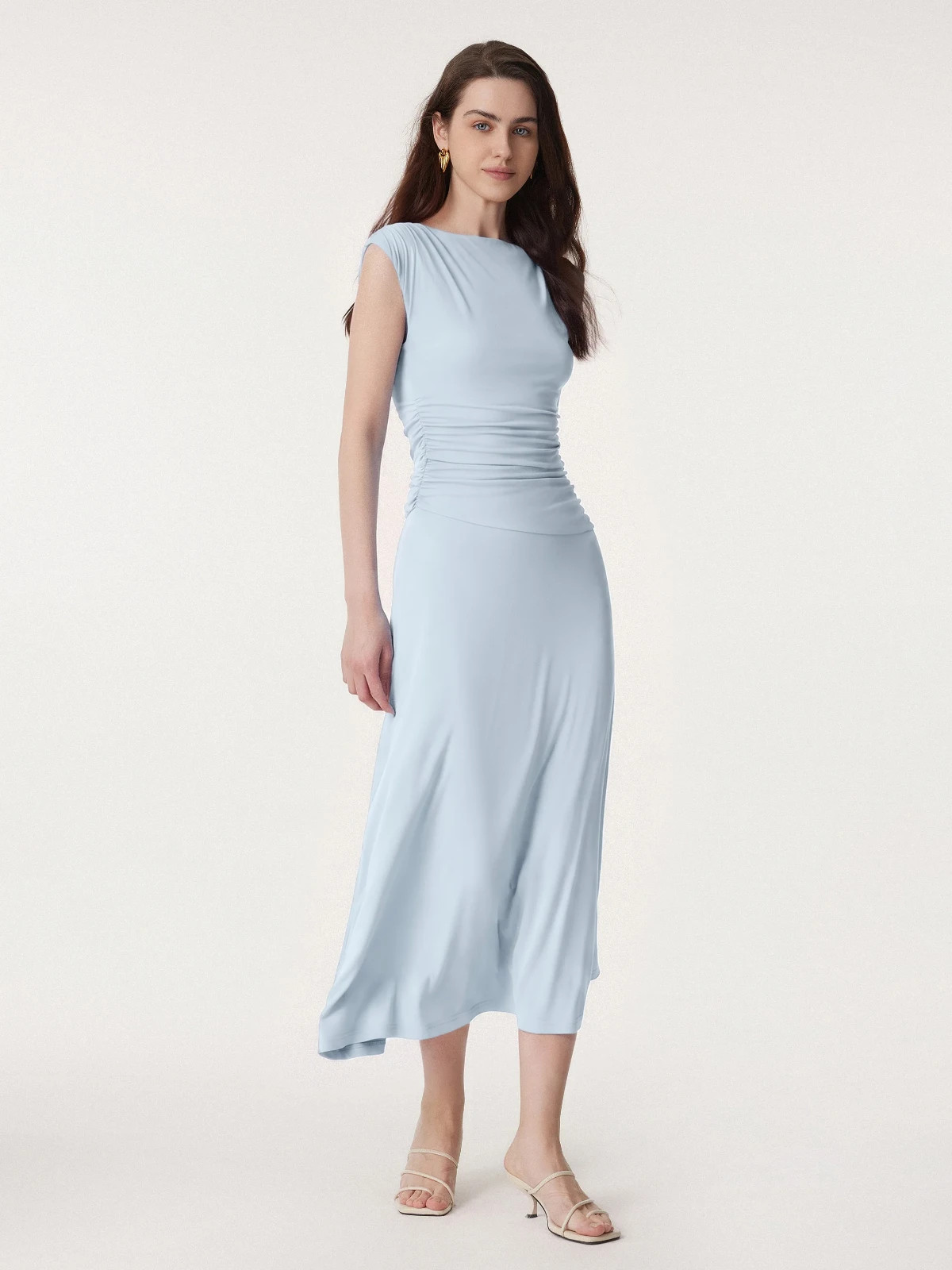 Women’s Ruched Maxi Dress Crew Neck Stretch Casual Summer Long Dress, Sky Glass