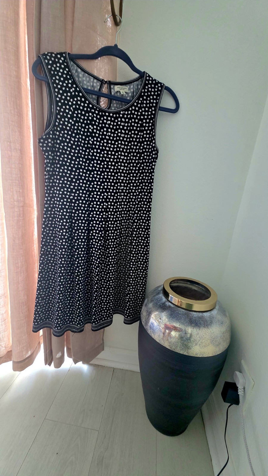 Max Studio Petite sleeveless stretch polka dot A-line dress MP with stripe trim