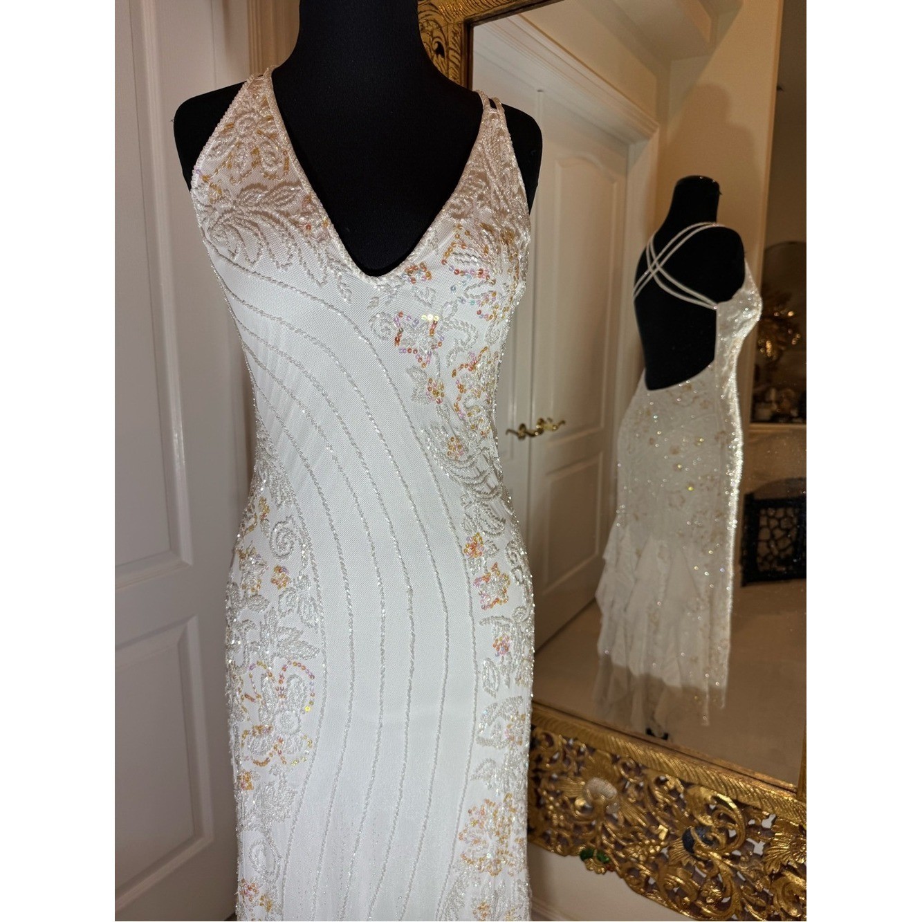 White hand Beaded Ruffle Backless Evening Dress. Power mesh stretch fabric.