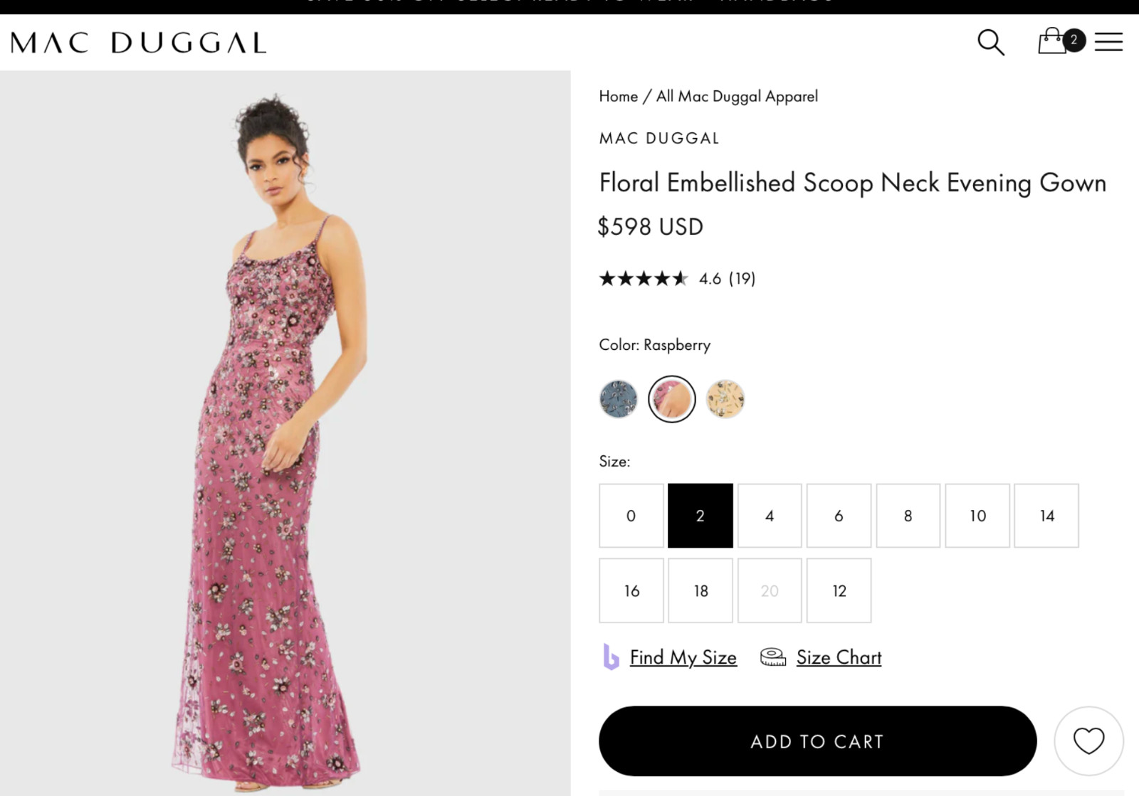 NWT Mac Duggal [ 2 ] 5477 Floral Embellished Scoop Neck Gown Raspberry J1227