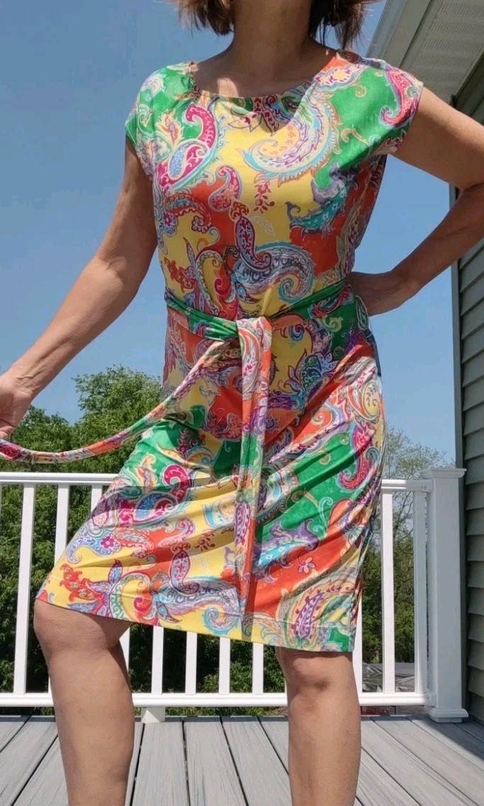 LAUREN RALPH LAUREN SZ L/G Bright Colors Belted Stretchy Sheath Jersey Dress