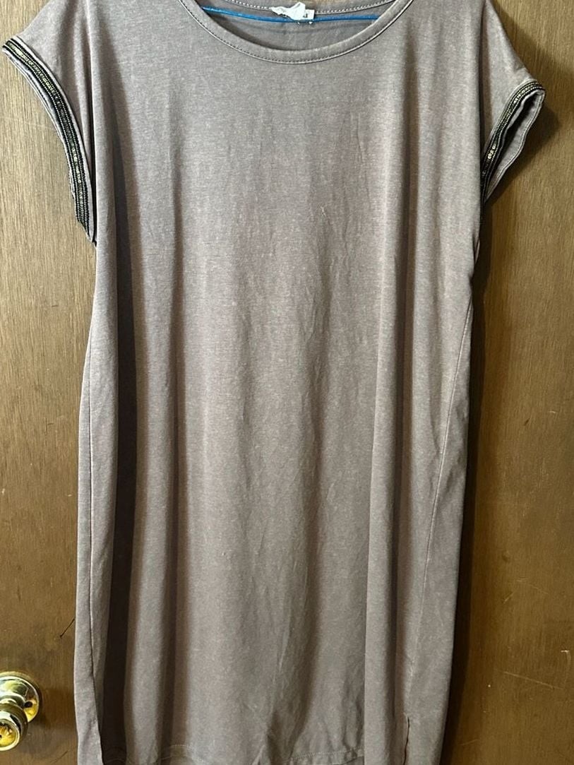 Hem & Thread Women’s Brown T-Shirt Dress with Sequin Sleeve Detail Size M