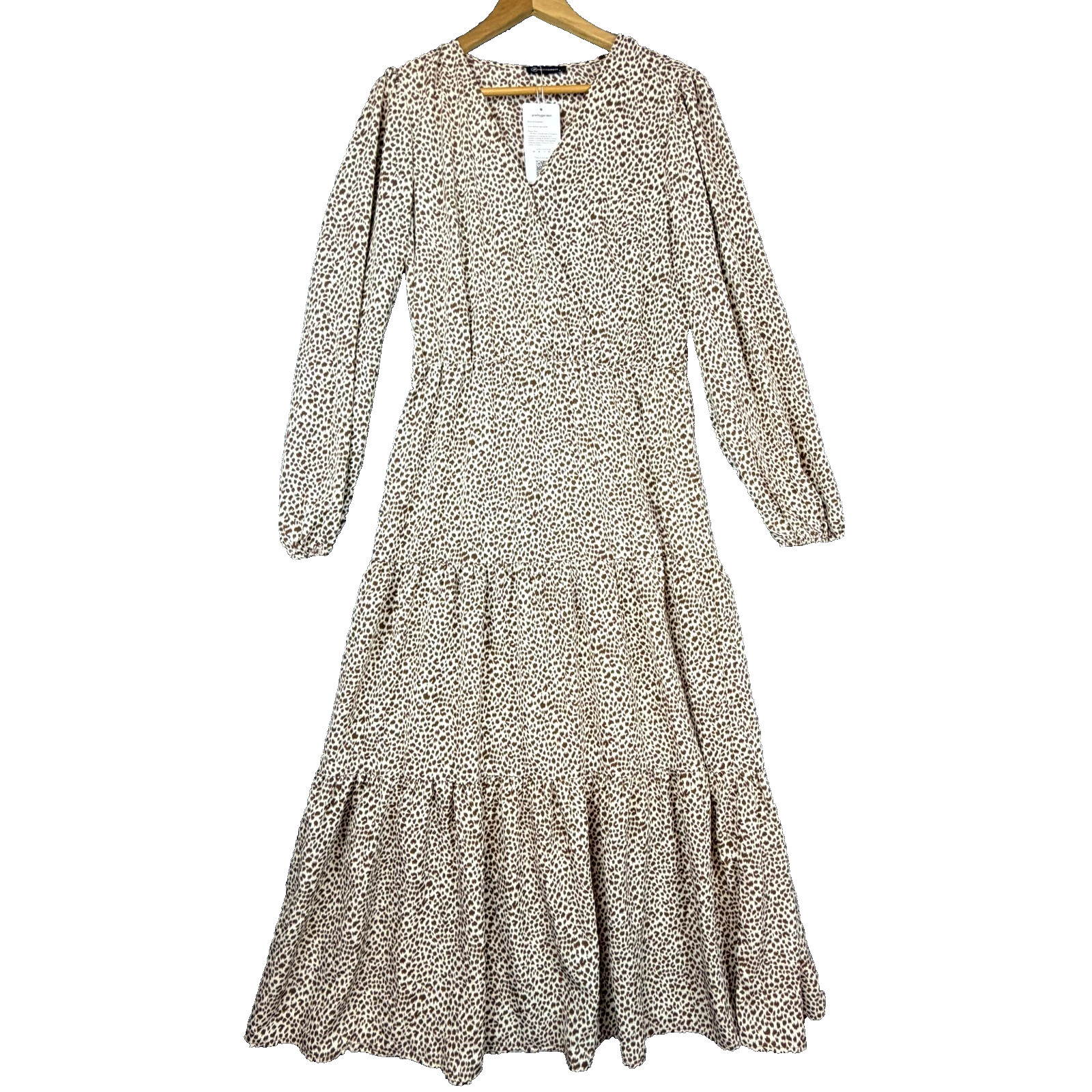 Pretty Garden Tiered Maxi Dress Women Large Beige Brown Leopard Boho Peasant