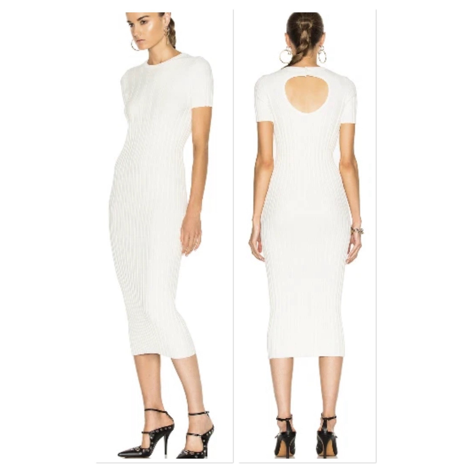 Helmut Lang White Ribbed Knit Keyhole Bodycon Midi Dress Baddie Minimalist XS
