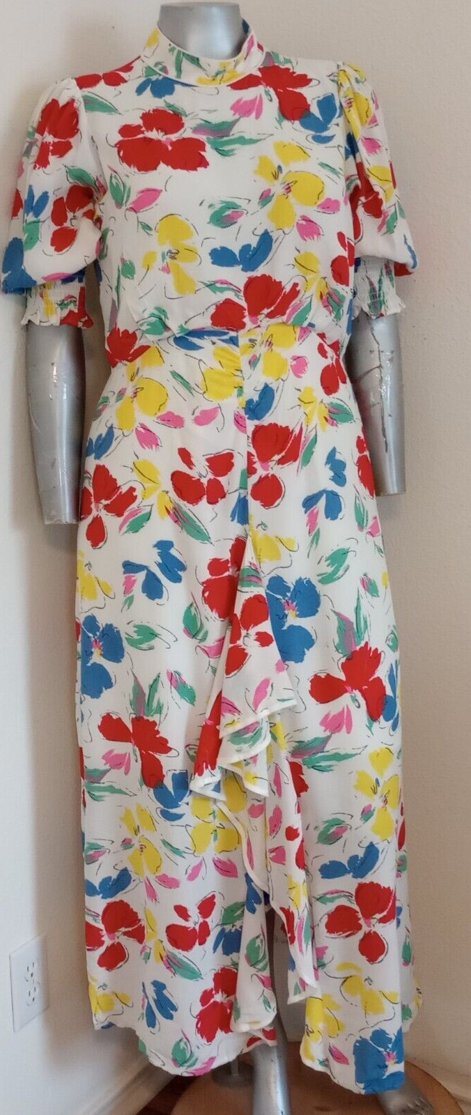 NWT WOMAN RIXO MAXI CASCADE RUFFLE DRESS Size 14 Mock Neck Puff Short Sleeve