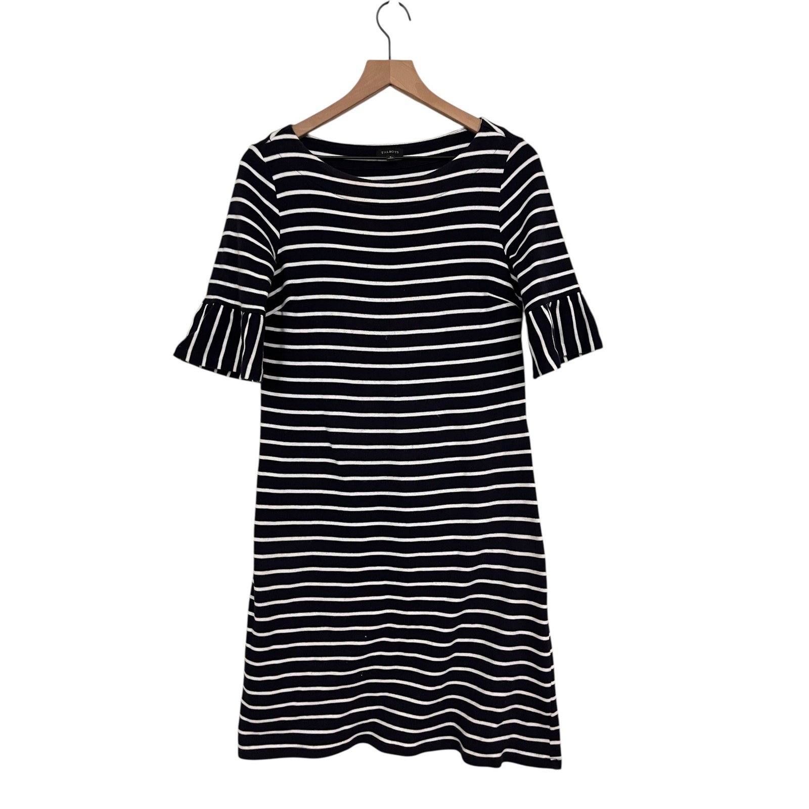 Talbots Navy Blue and White Striped Cotton Bell Sleeve Dress Womens Size Small