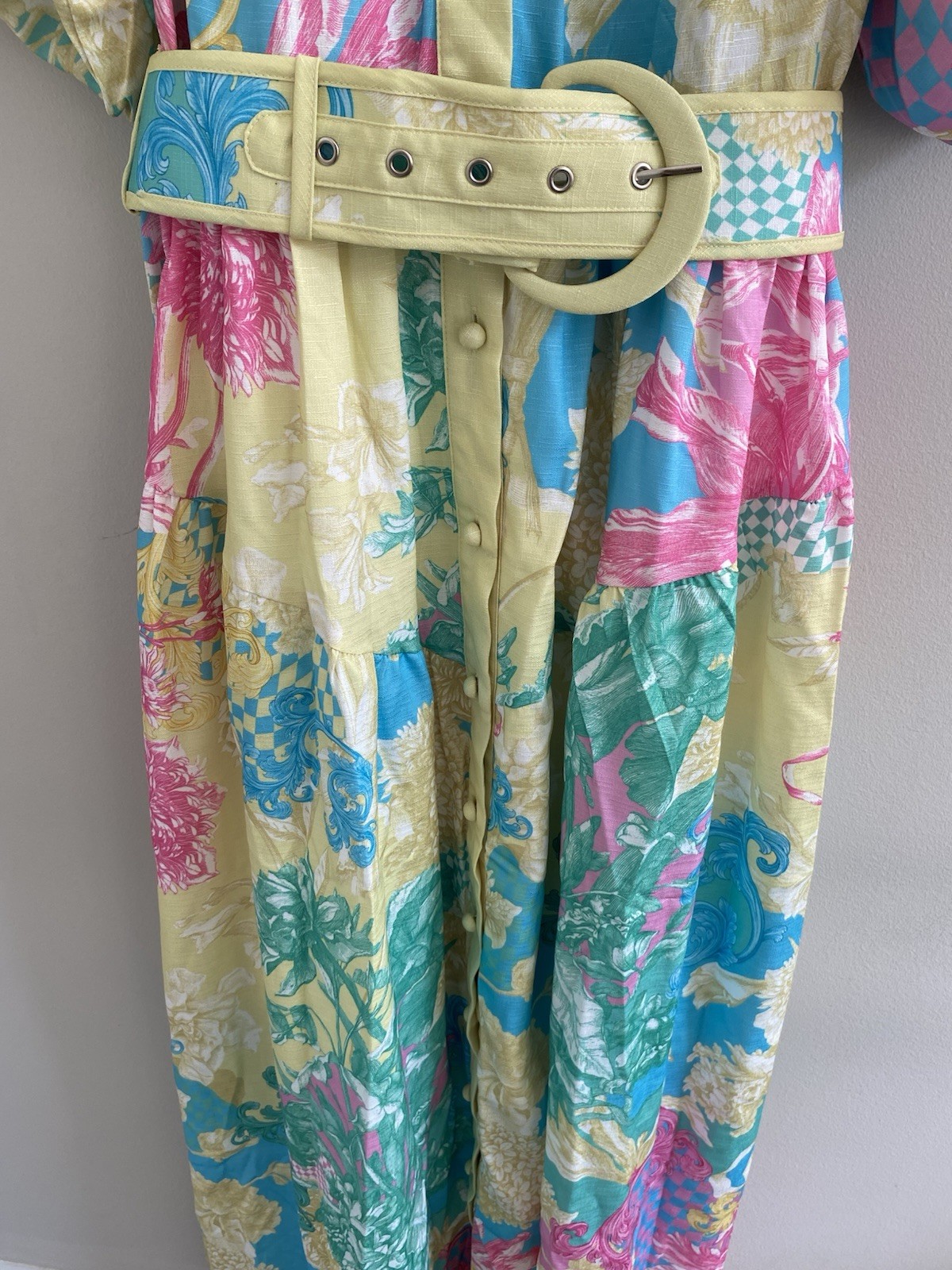 Billy J. Yellow Pink & Blue Floral Linen Blend Maxi Dress Womens Size Small