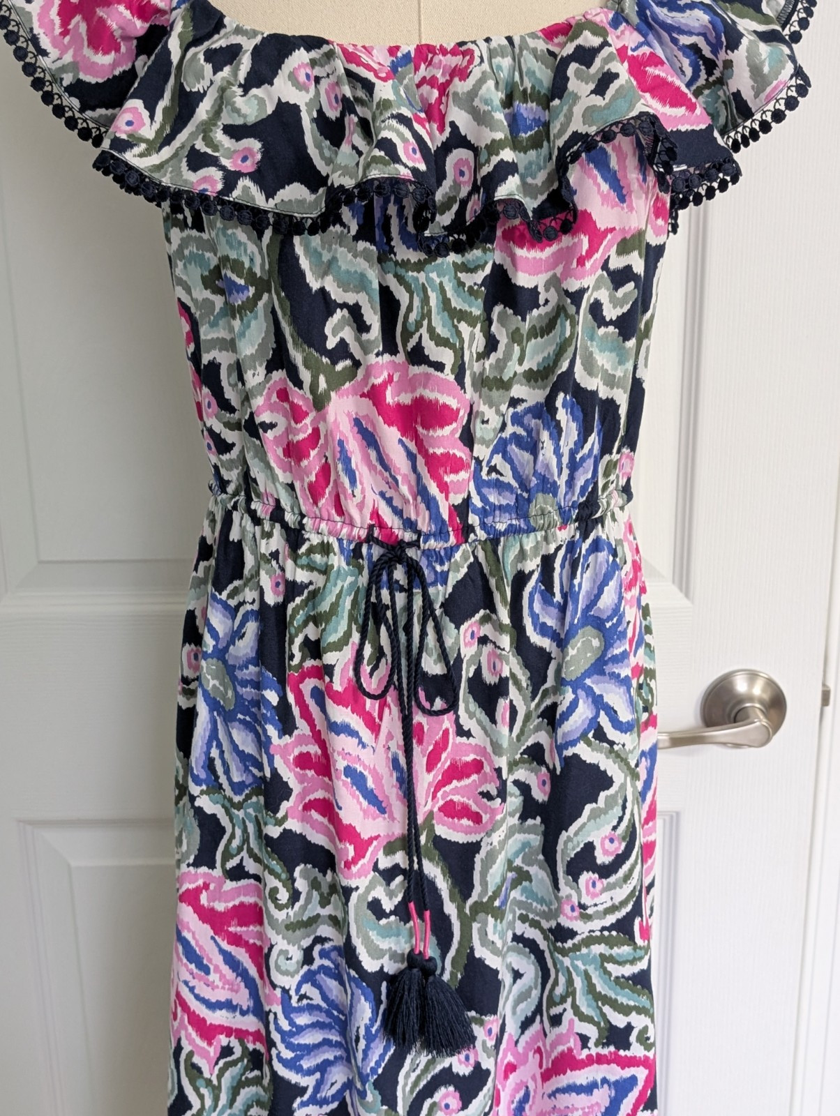 LOFT Floral Ruffle Square Neck Midi Dress women’s size S Pom Pom Resort Wear