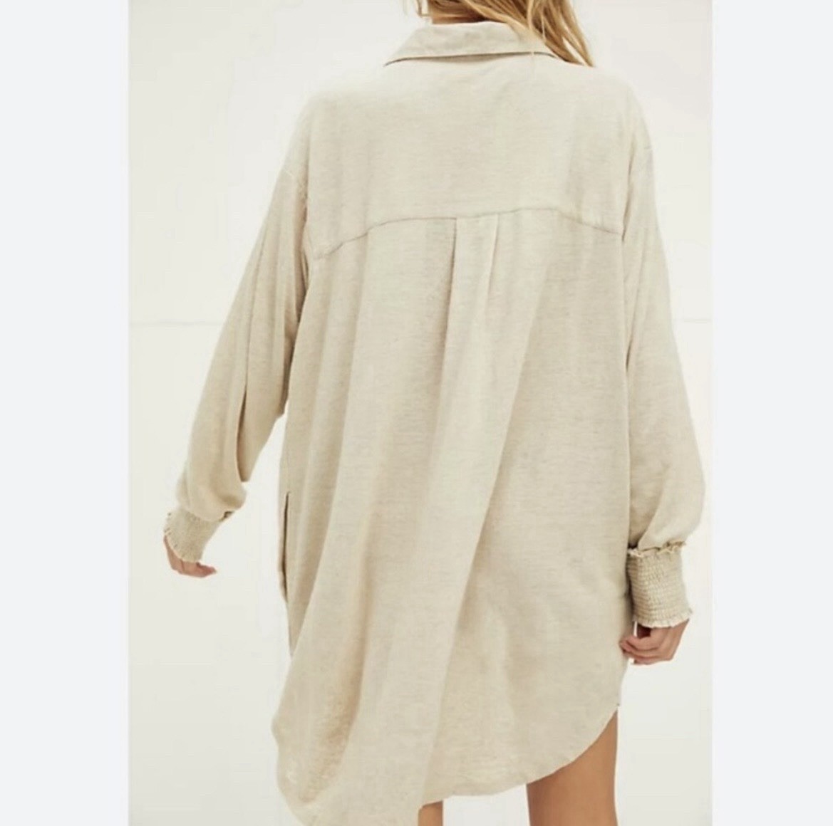 Free People Beach Linen Blend Smocked Cuff Button Down Shirt Dress Oatmeal XS