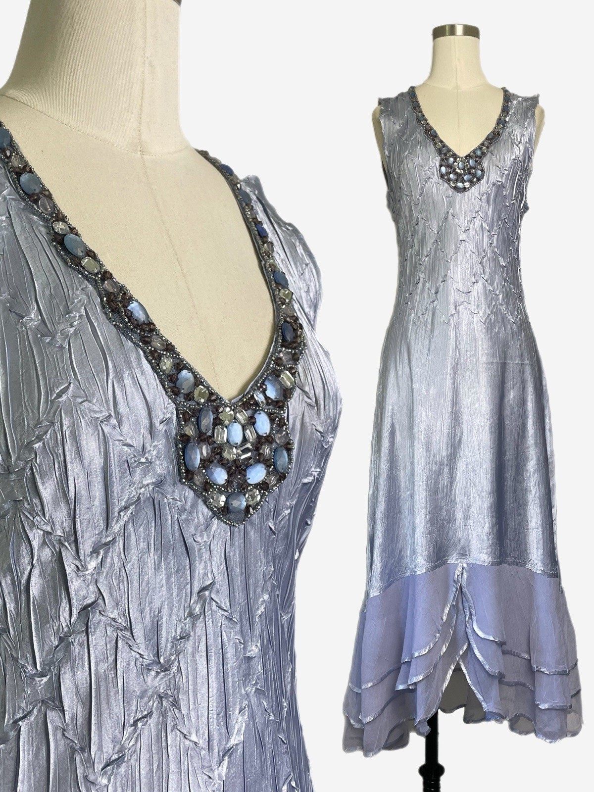 Komarov Blue gray charmeuse beaded layered slip dress 1920s delicate dreamy L