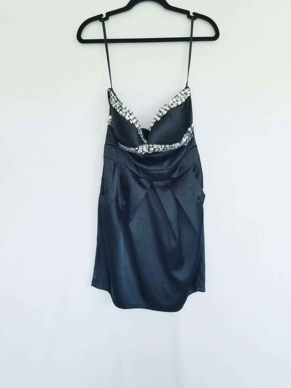 HAK Black Silver Rhinestone Mini Dress Sleeveless Pockets Soft Material Size 8
