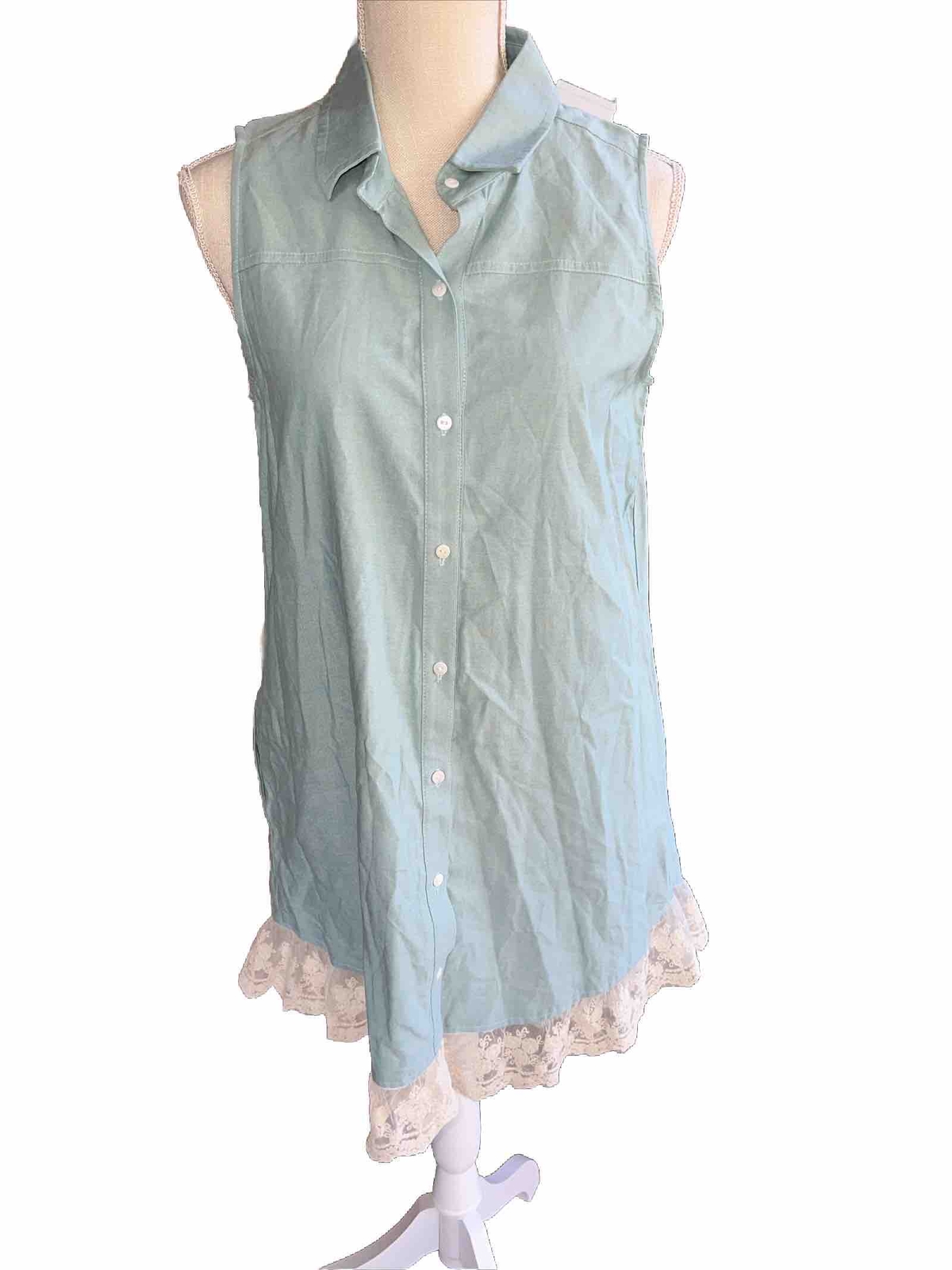 NEW Hayden Shirt Dress A-Line Green Cotton Sleeveless Lace Ruffle Hem Small