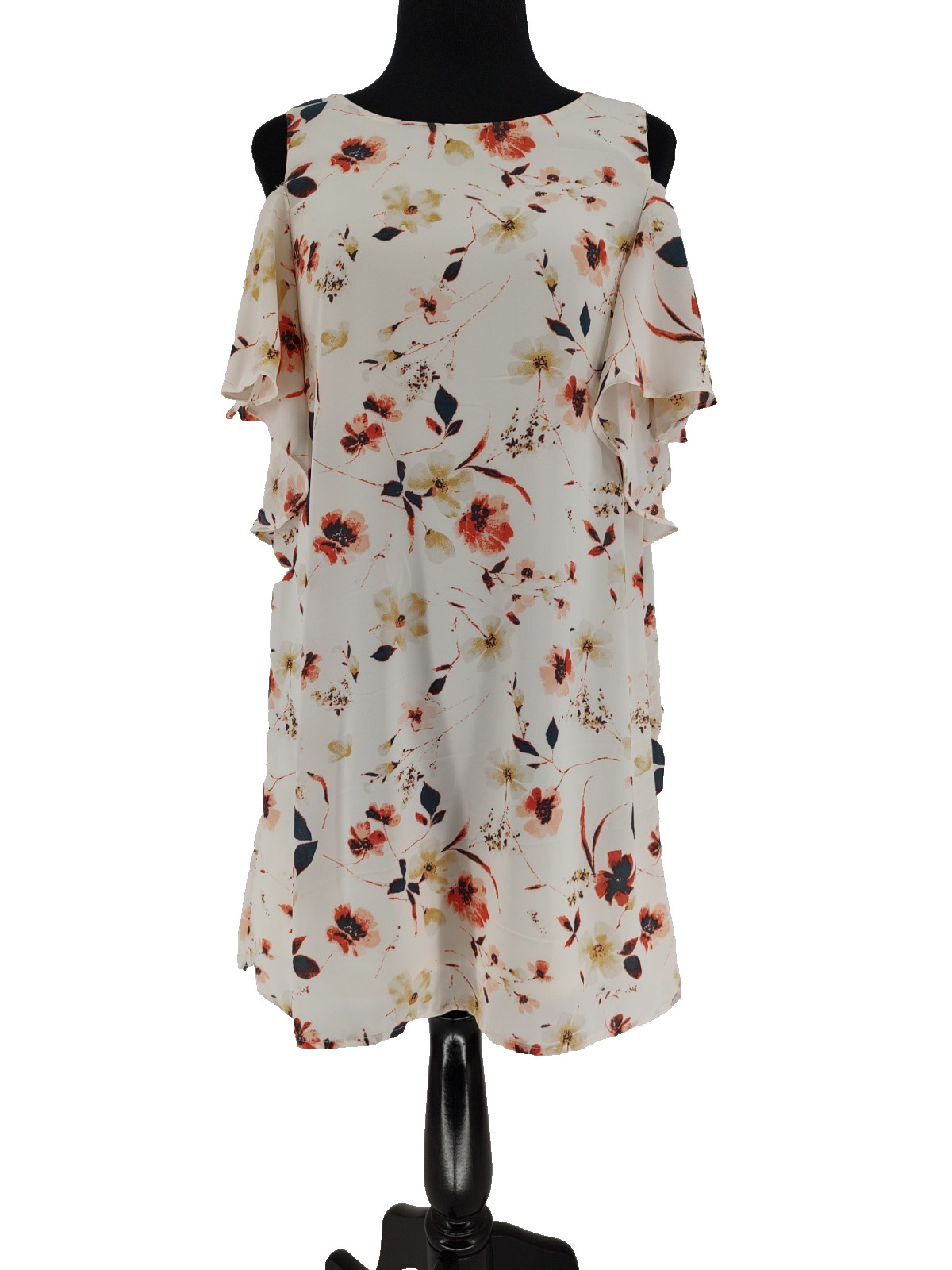 Lily Rose Woman’s Beige Floral Shift Dress Size Small Lined Cold Shoulder Sleeve