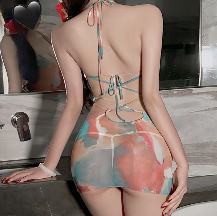 B: Asian 1-Size Sexy Vibrant Floral Bodycon Mini Dress or Lingerie 2pcs