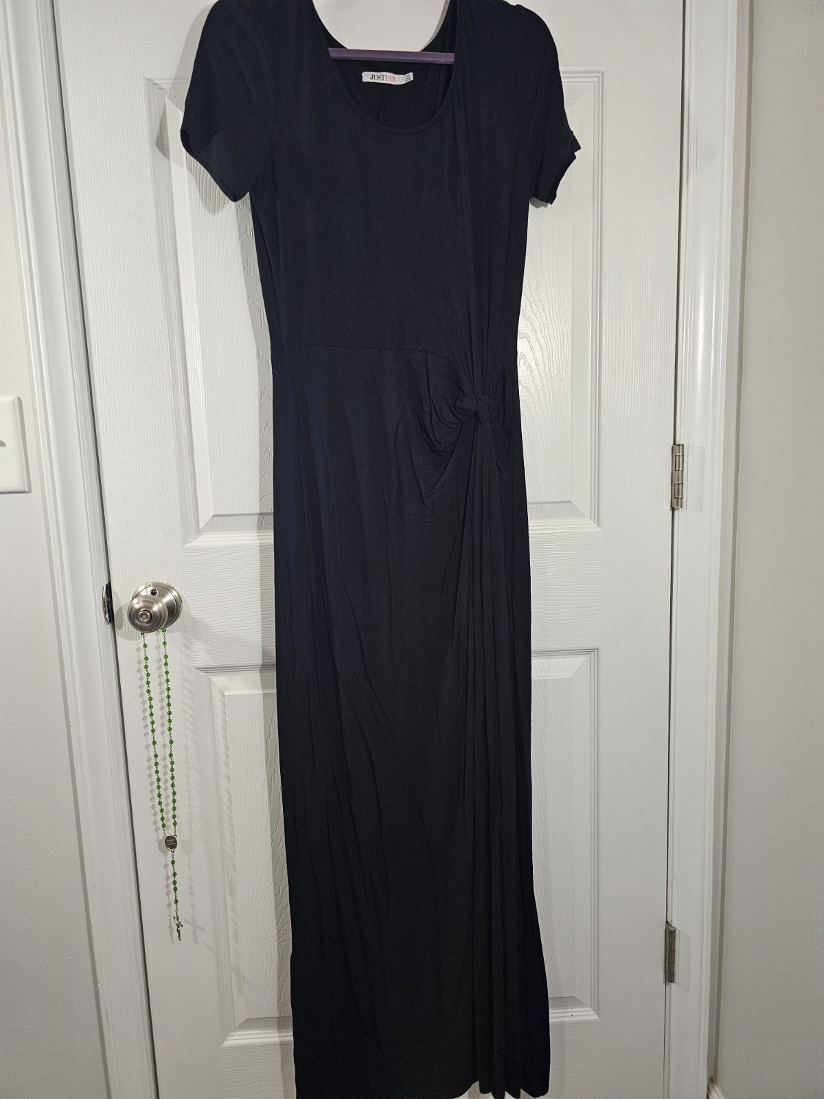 JustFab Women’s M Maxi Dress Black Solid Knit Scoop Neck Knot Short Sleeve