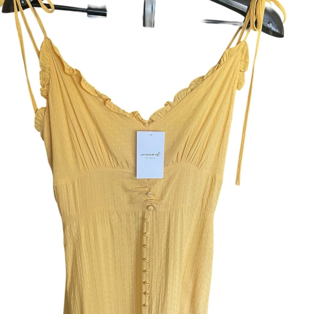 Inmod Yellow Swiss Dot Tie Strap Midi Dress Cottagecore Boho Sundress L
