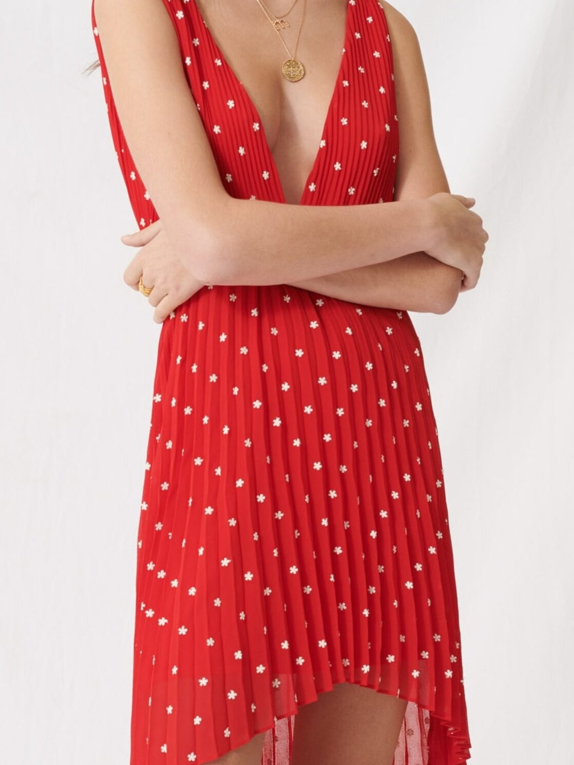 Maje Dress Red Size 38 FR/M Womens Pleated Embroidered Cocktail Dress MFPRO01140