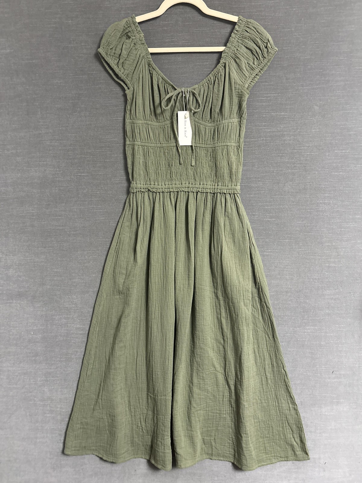NEW Sim Sam Dress M Green Milkmaid Smocked Puff Gauzy Dainty Romantic Midi Maxi
