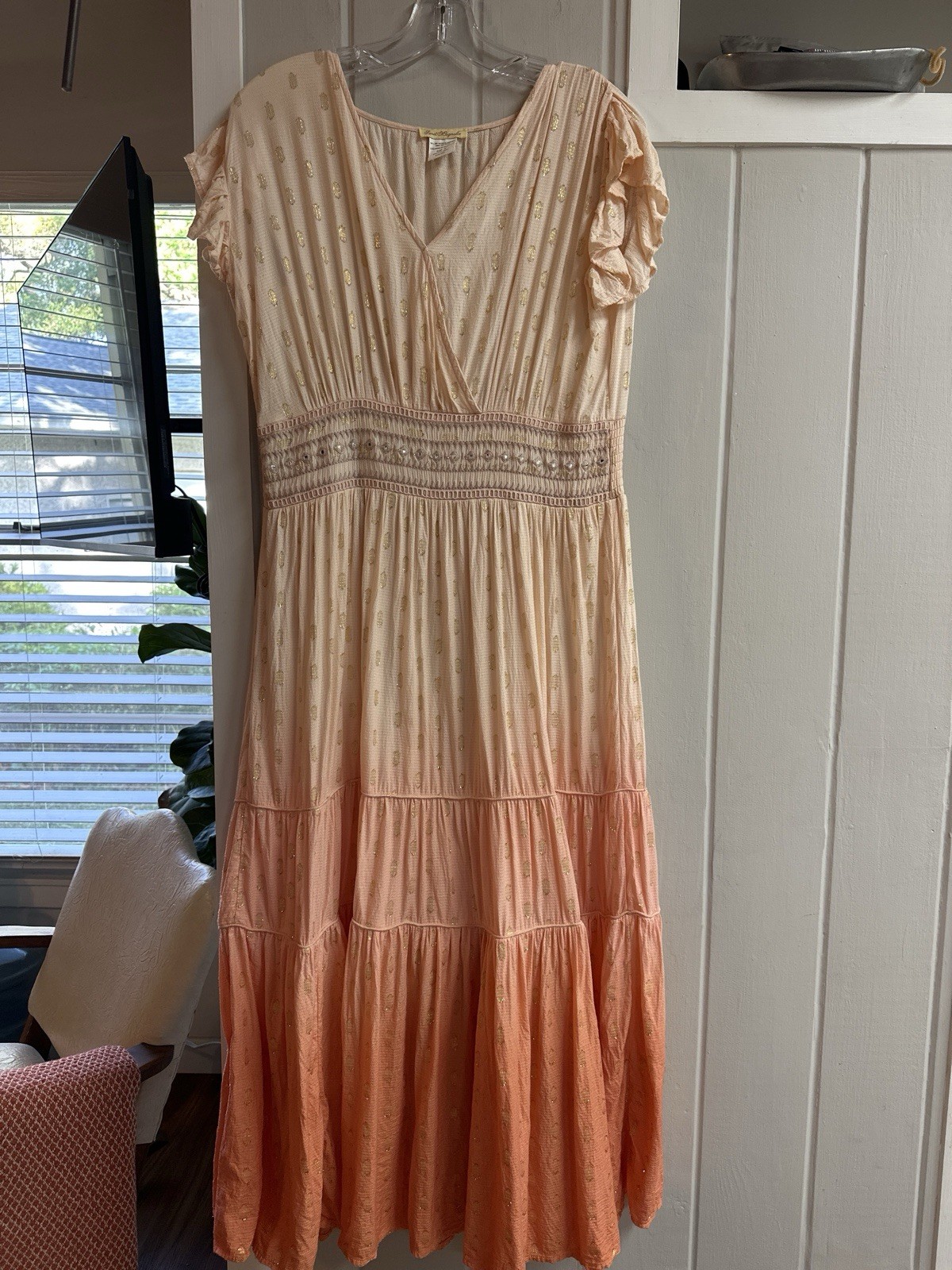 Sweet Magnolia Peach Pink Gold Polka Dot Maxi Dress Embroidered Ruffle M