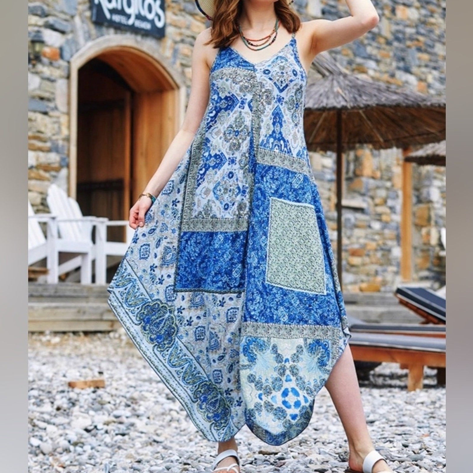 Organic Viscose Boho Patchwork Dress L/XL Flowy High Low Hem Adjustable Straps