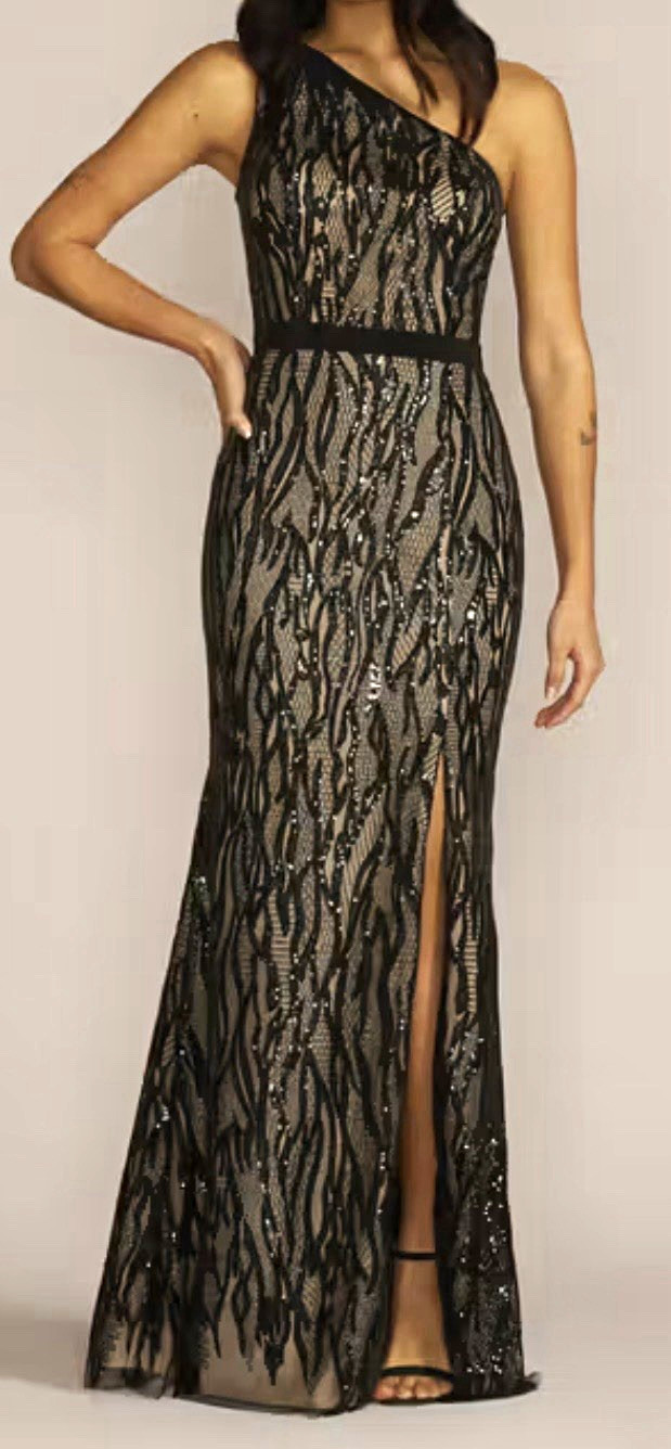 Galina Signature One-Shoulder Lace Sequin Lined Side Slit Maxi Dress 6
