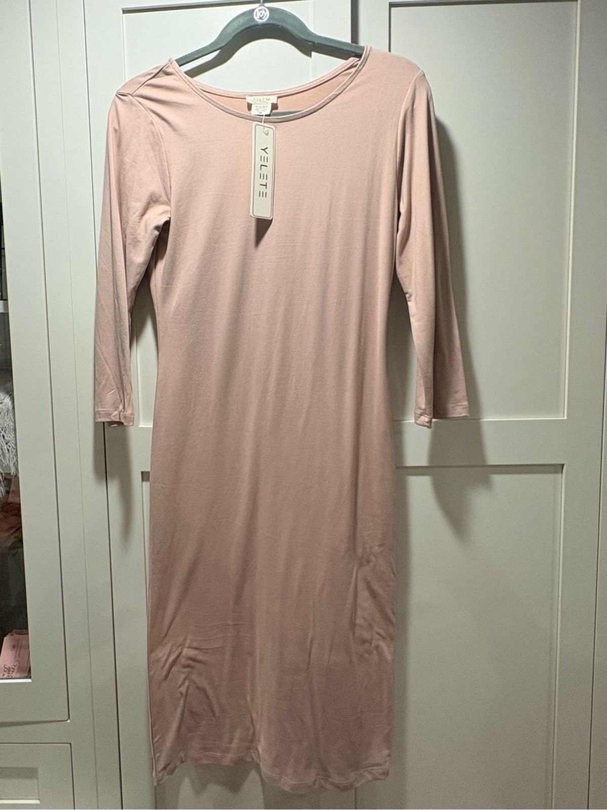 Yelete Pale Blush Pink Midi Bodycon Dress with Three-Quarter Sleeves