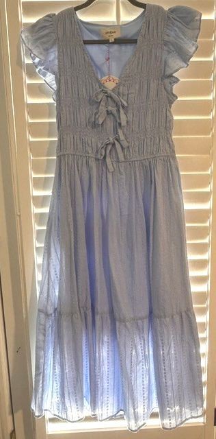 Umgee Light Blue Ruffle Sleeve Midi Dress with Front Tie Detail