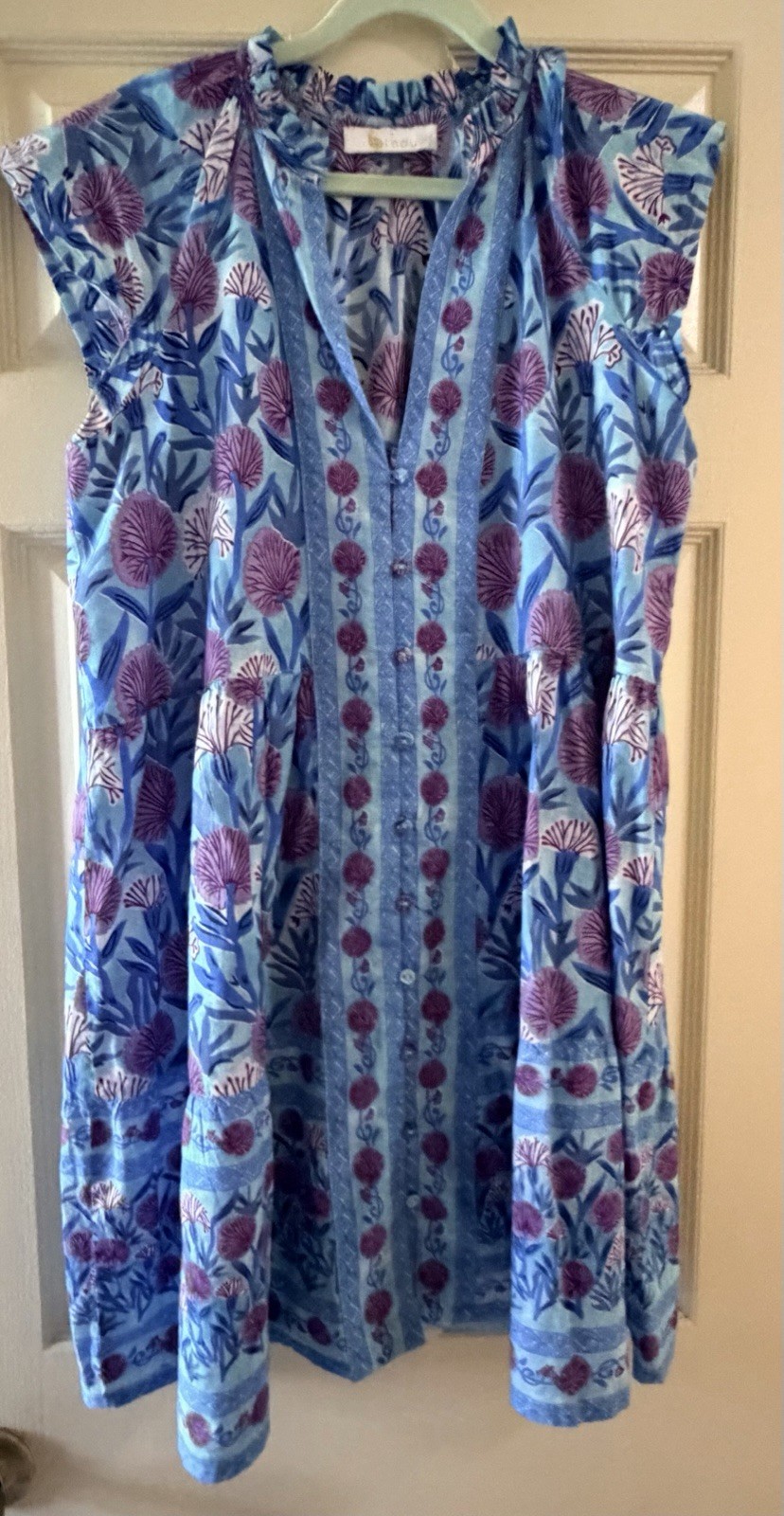 Bindu Blue Lavender Floral Cotton Mini Dress Cap Sleeve Ruffle V-Neck Buttons L