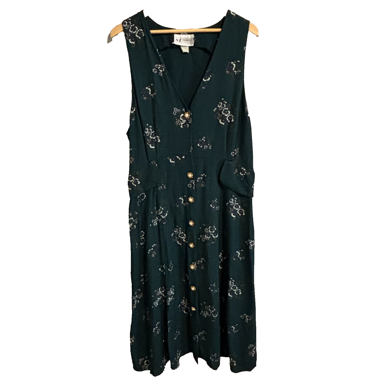 VTG SL FASHIONS Dark Green Floral Dress Pearl Button Front Whimsigoth Grunge 16
