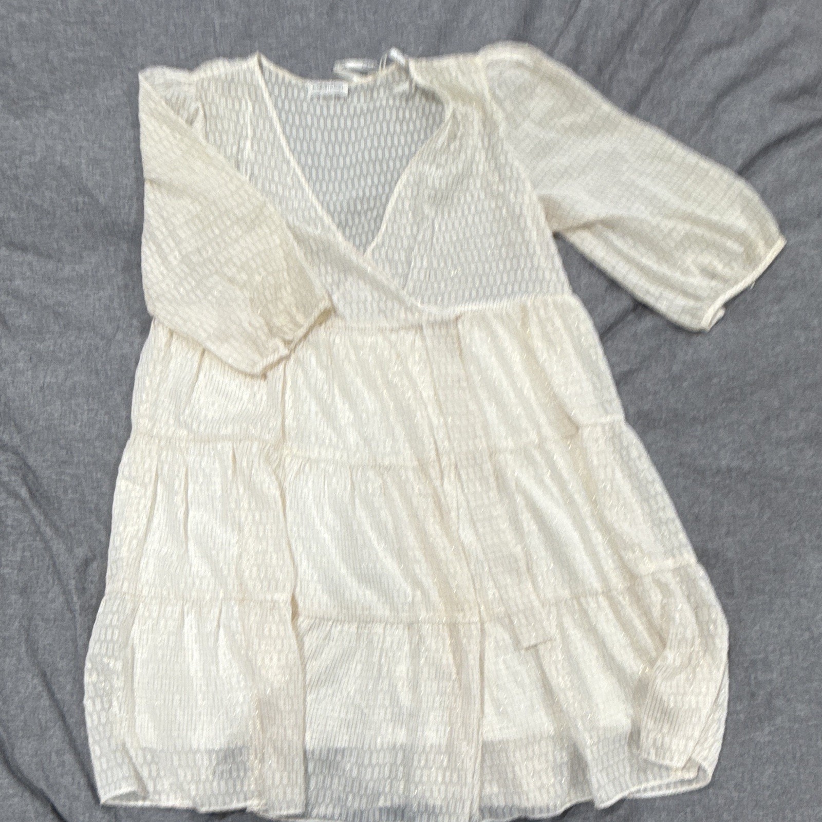 Calvin Klein White Chiffon V-Neck Wrap Tie 3/4 Puff Sleeve Geo Short Size 10