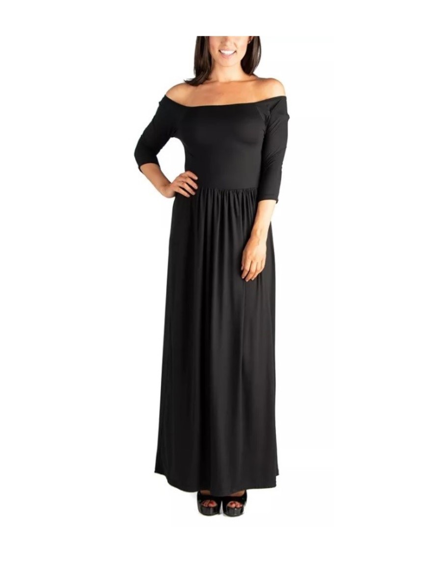 NEW 24seven Comfort Apparel M Off Shoulder Empire Waist Maxi Dress Black