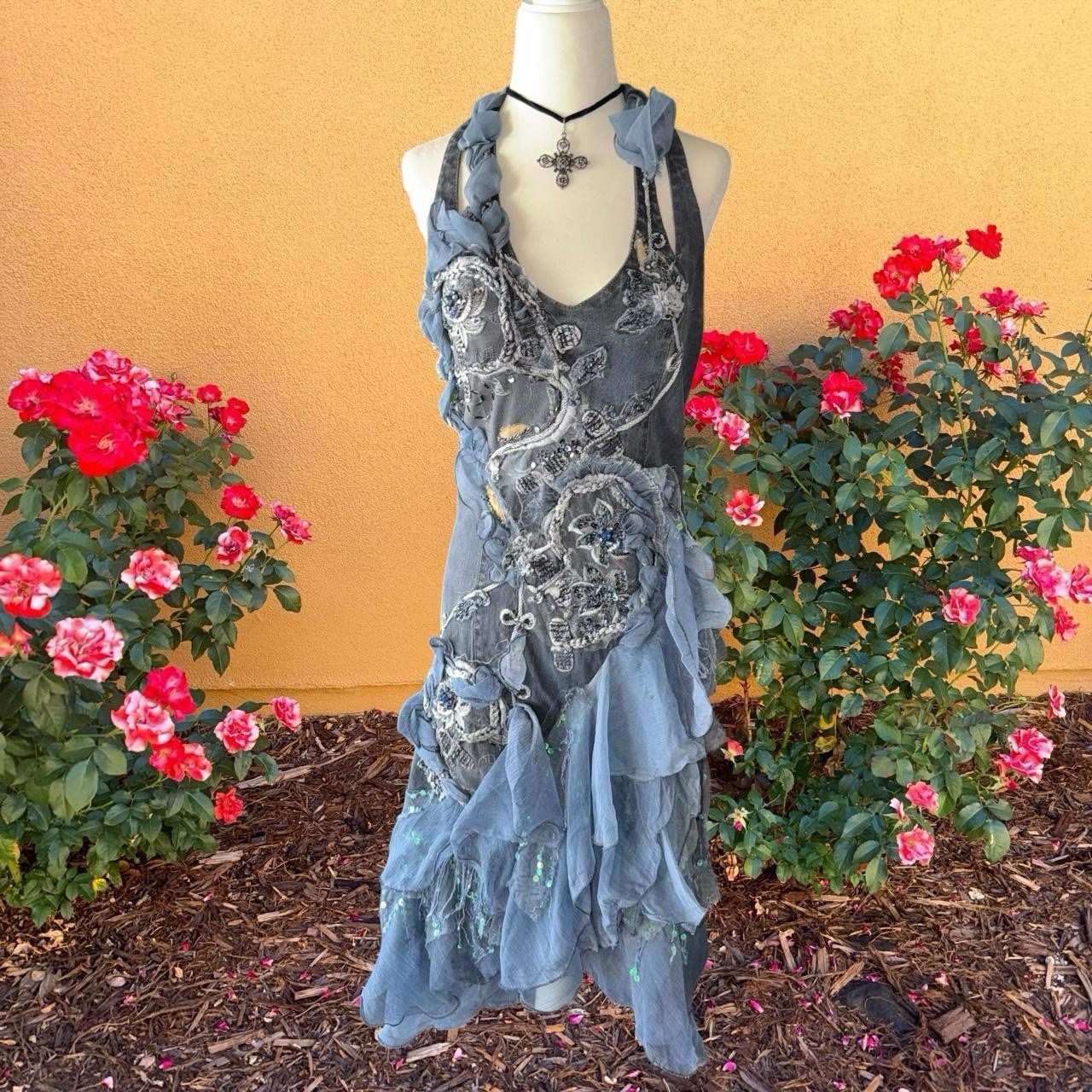 fairy 90s iridescent lace trimmed beaded floral embroidered denim halter dress