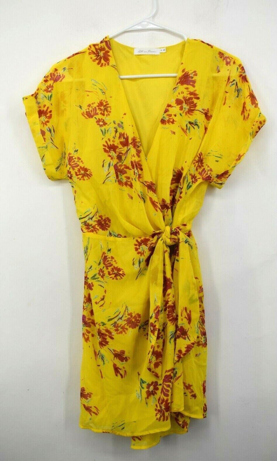 All In Favor Womens Yellow Surplice V-Neck Simone Floral Wrap Front Mini Dress S